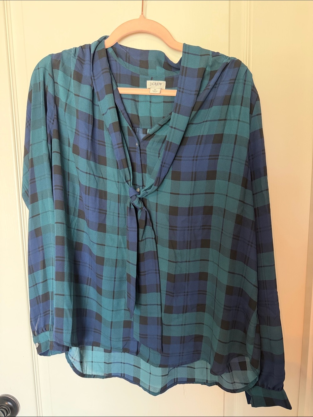 J. Crew Teal and Navy Plaid Tie-Neck Blouse